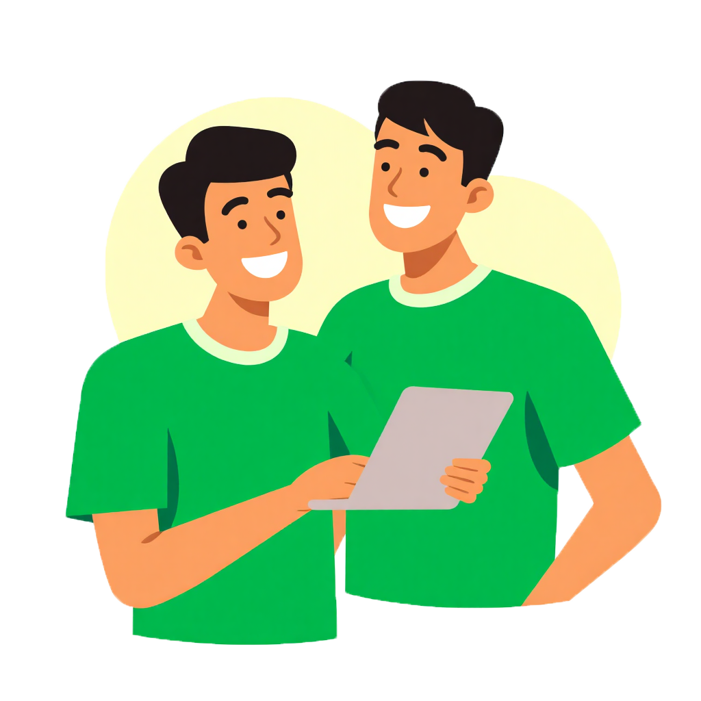 a couple of men holding a paper