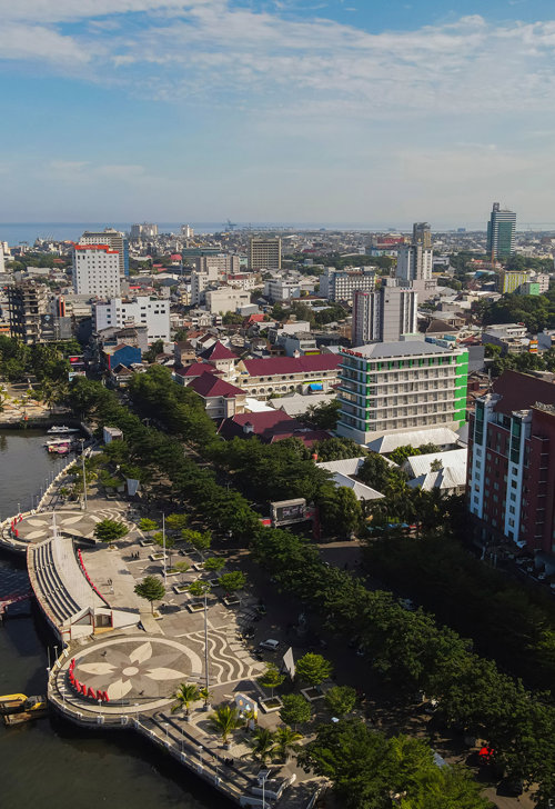 a city next to a body of water