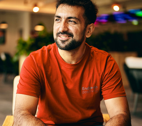 a man in a red shirt