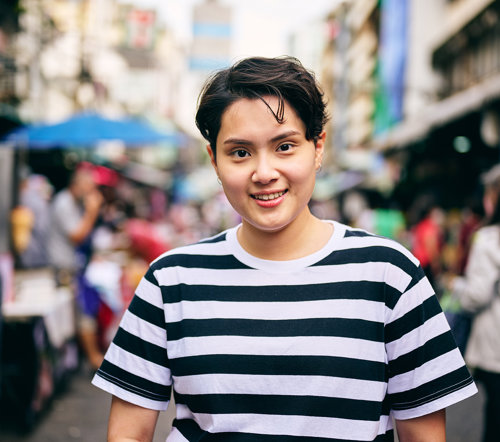 a person in a striped shirt