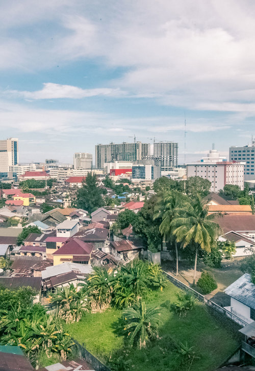a city with many buildings and trees