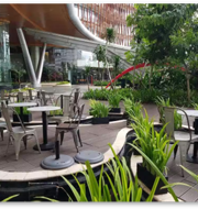a patio with tables and chairs and plants